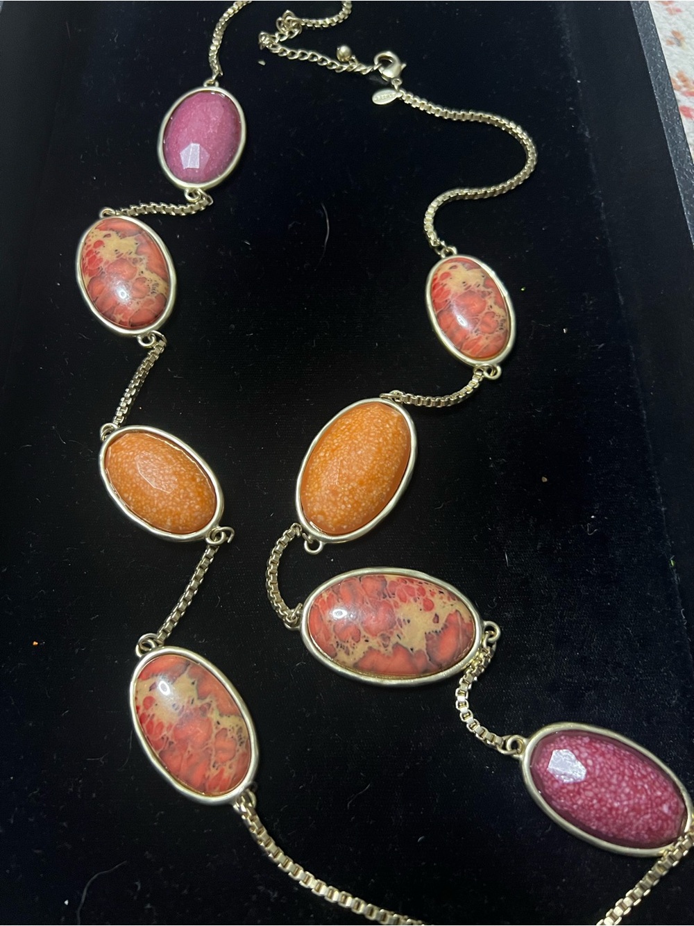 Chico's Gold-Tone Multicolor Oval Necklace in Pink & Orange
